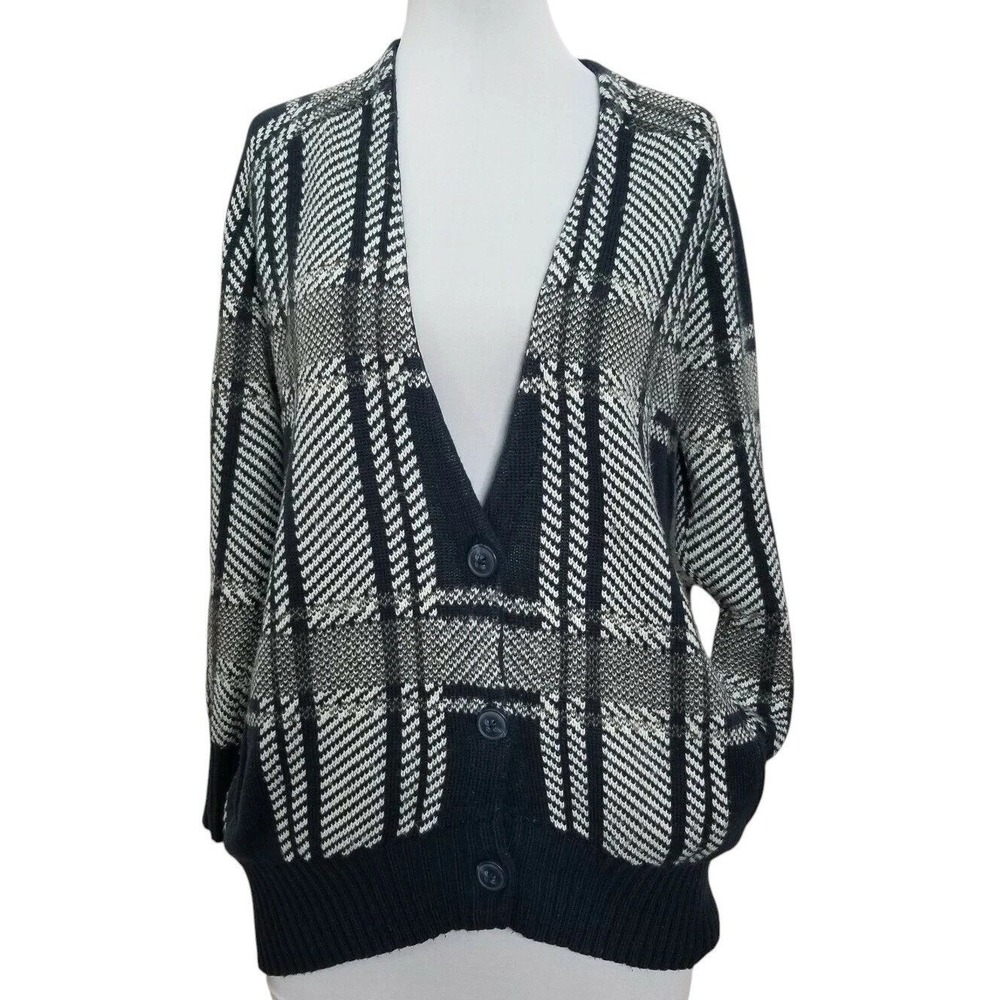Hinge Navy White Plaid Button Front VNeck Cardigan Sweater Oversized Grandpacore